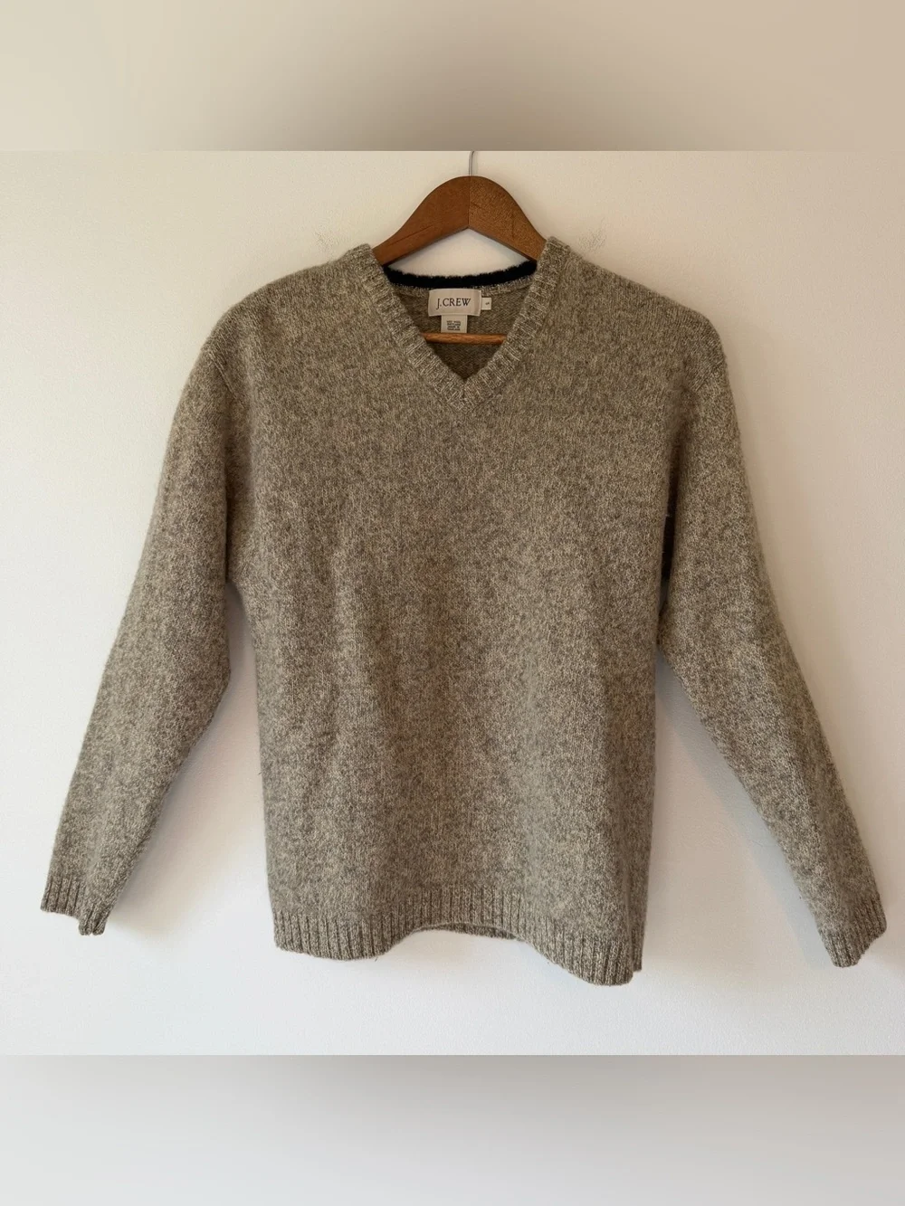 J Crew Tan Oatmeal 100% Shetland Wool Greige V Neck Marled Sweater Pullover, S